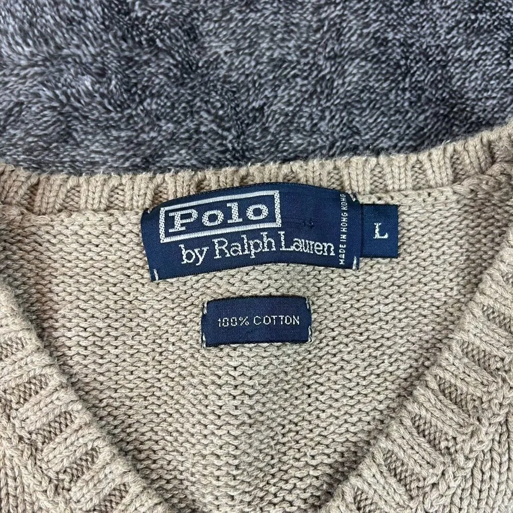 Vtg Polo Ralph Lauren Brown Knitted V-Neck Sweater Vest Men's L Pony Golf Cotton